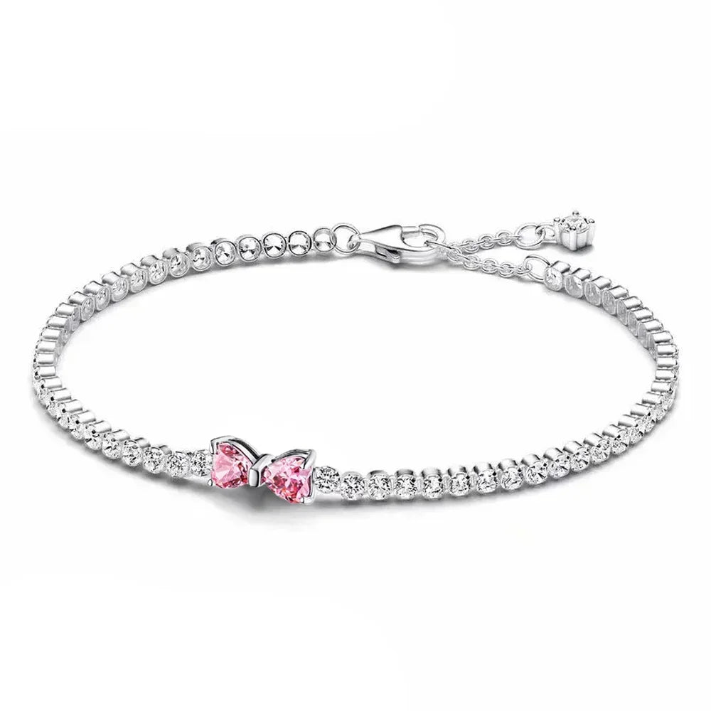 2025 New 925 Silver Pink Heart-shaped Bow Full Diamond Bracelet Original