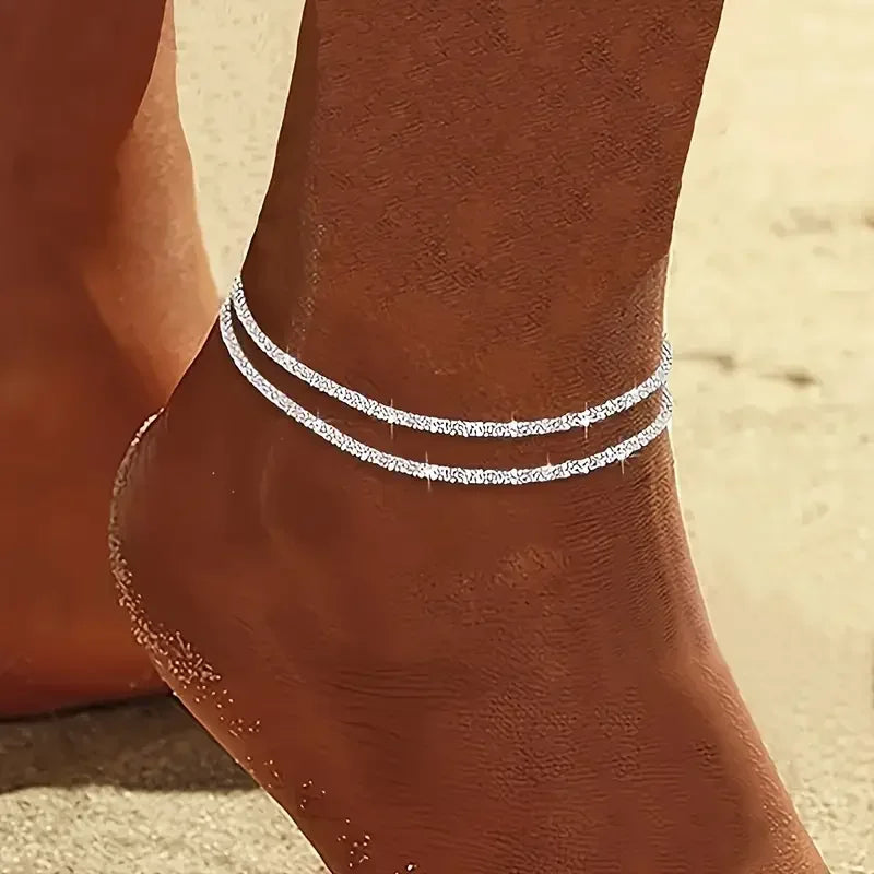 3 Pcs Sparkling Chain Anklet Sets for Women Zircon Heart MultiLayer Copper Bracelet On Leg Foot Trendy Summer Beach Jewelry Gift