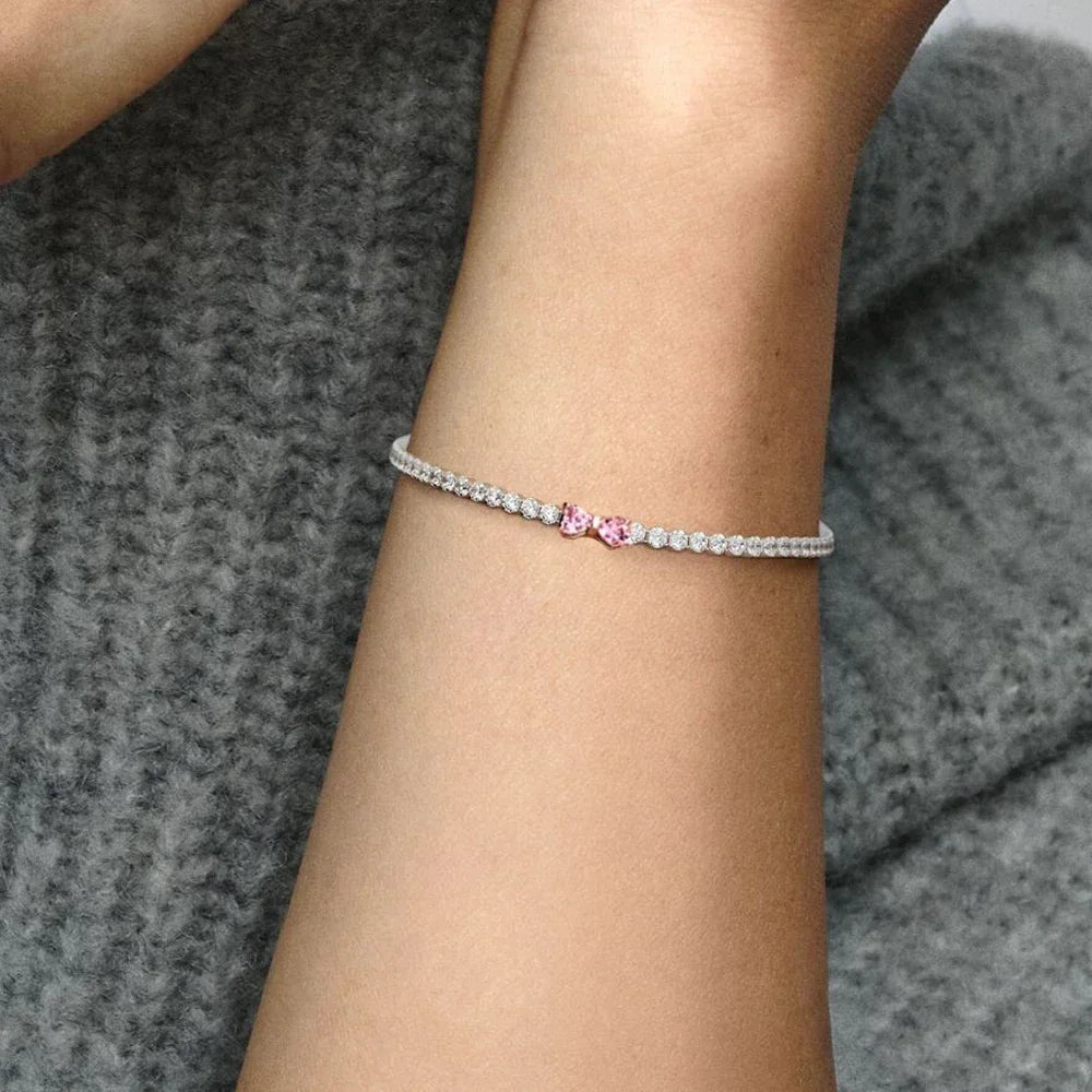 2025 New 925 Silver Pink Heart-shaped Bow Full Diamond Bracelet Original