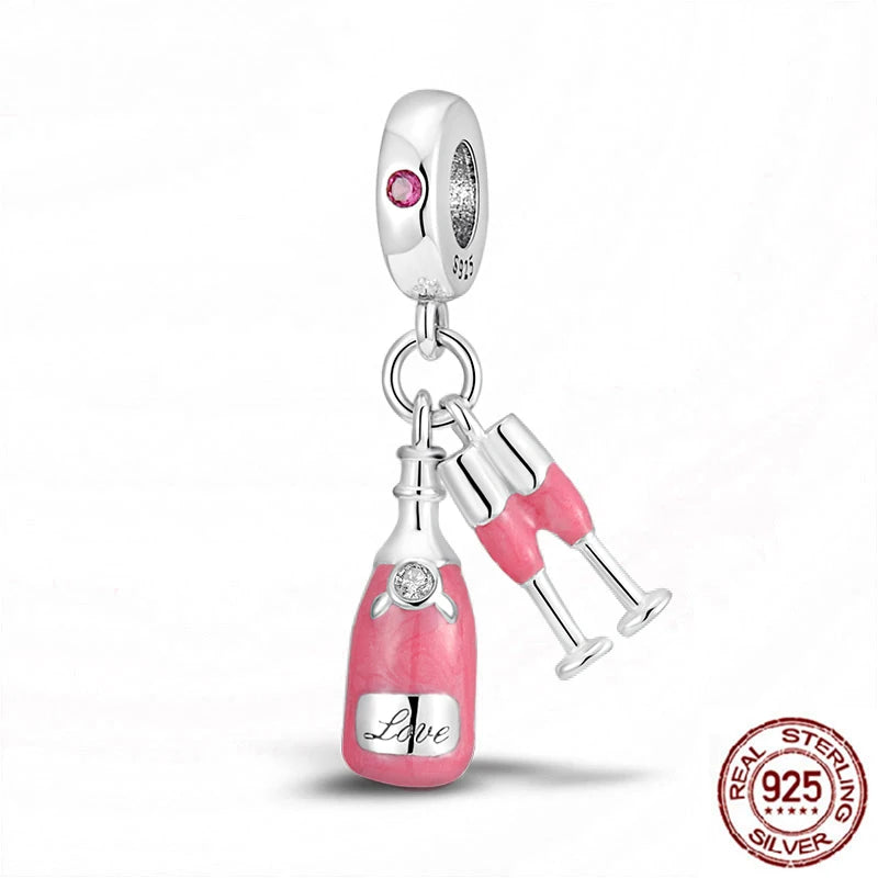 925 Sterling Silver Red wine bottle Donuts Beverage cup pendant Charms