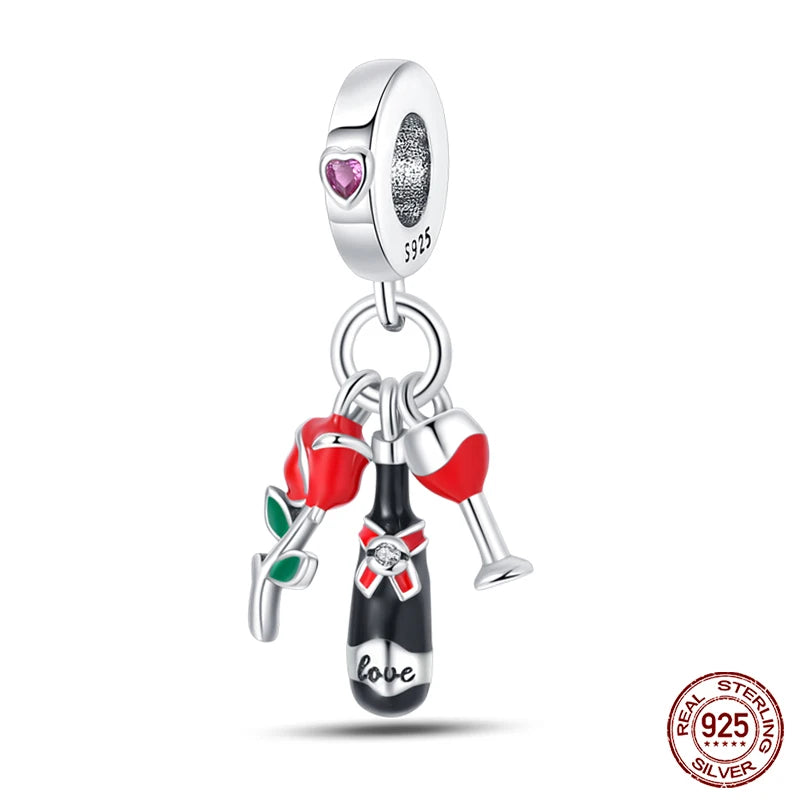 925 Sterling Silver Red wine bottle Donuts Beverage cup pendant Charms