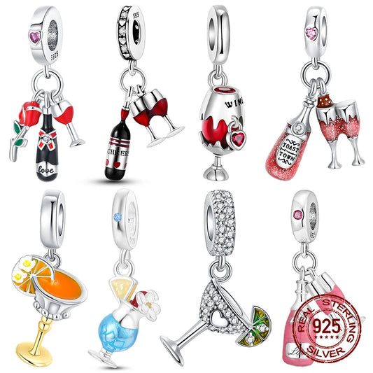 925 Sterling Silver Red wine bottle Donuts Beverage cup pendant Charms