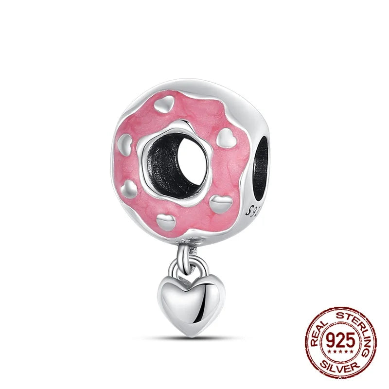 925 Sterling Silver Red wine bottle Donuts Beverage cup pendant Charms