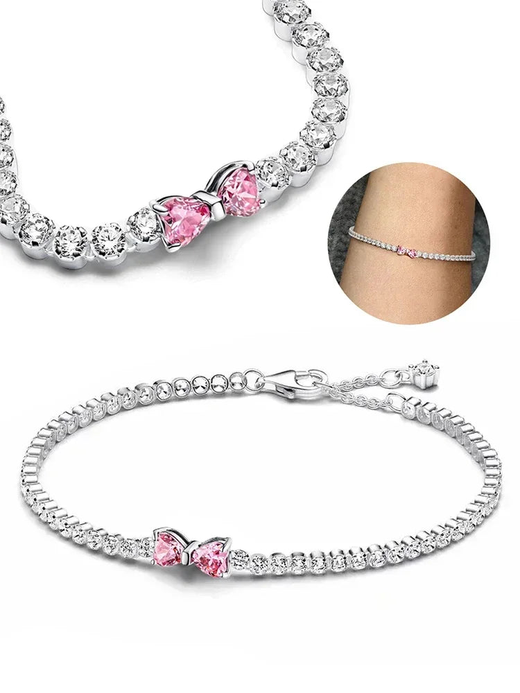 2025 New 925 Silver Pink Heart-shaped Bow Full Diamond Bracelet Original