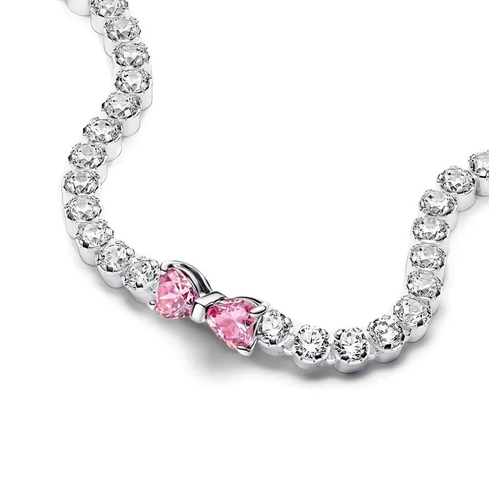 2025 New 925 Silver Pink Heart-shaped Bow Full Diamond Bracelet Original