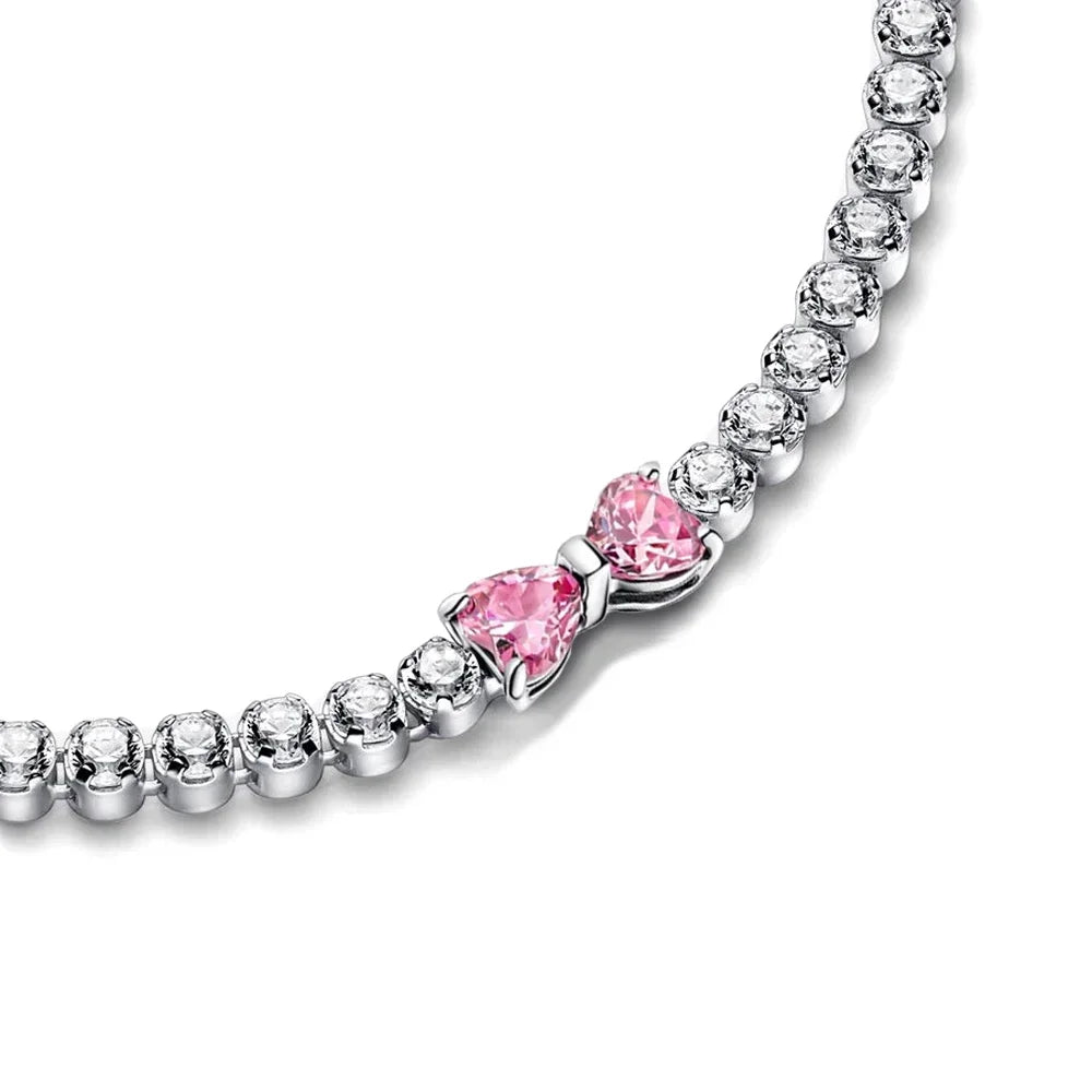 2025 New 925 Silver Pink Heart-shaped Bow Full Diamond Bracelet Original