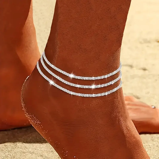 3 Pcs Sparkling Chain Anklet Sets for Women Zircon Heart MultiLayer Copper Bracelet On Leg Foot Trendy Summer Beach Jewelry Gift