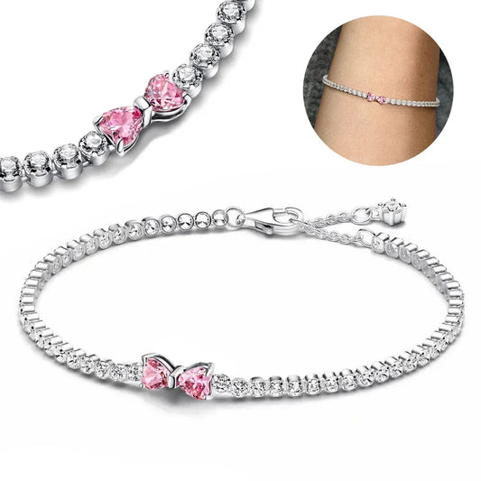 2025 New 925 Silver Pink Heart-shaped Bow Full Diamond Bracelet Original