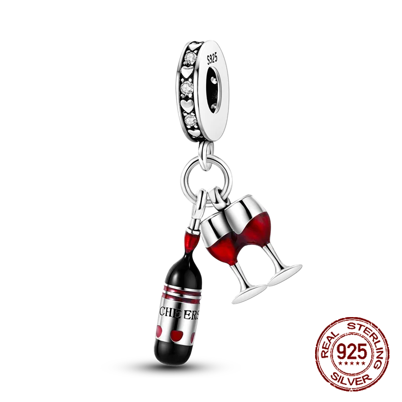 925 Sterling Silver Red wine bottle Donuts Beverage cup pendant Charms